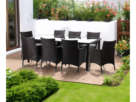Set mobilier gradina 8 scaune si masa 196x98x73 cm, ratan si cadru otel zincat, blat masa sticla securizata, maro [10]