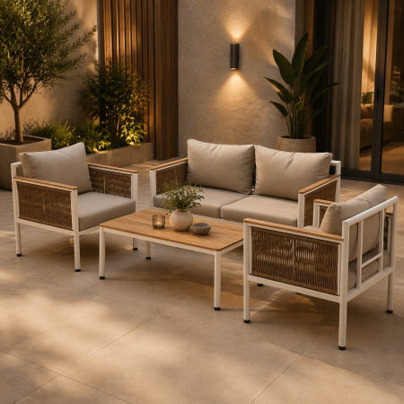 Mobilier gradina si terasa - Set mobilier gradina Belgrad 4 piese, cu perne, canapea 2 locuri, 2 fotolii si masa, cadru aluminiu, 129x68x70 cm, bej