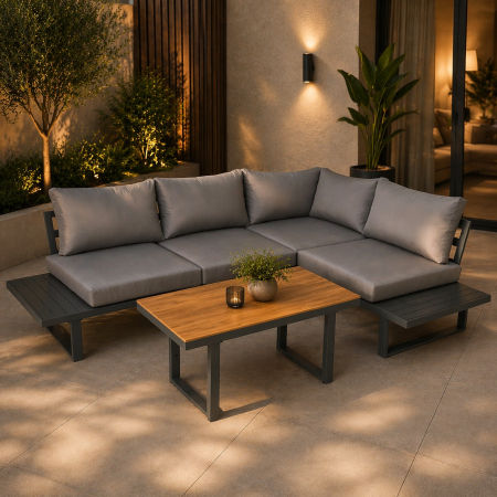 Mobilier gradina si terasa - Set mobilier gradina Bogota coltar modular, 2 canapele si masa cu inaltime reglabila, cadru aluminiu, 160x70x79 cm, gri
