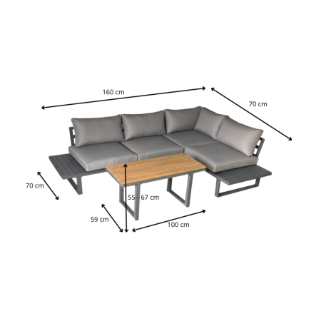 Set mobilier gradina Bogota coltar modular, 2 canapele si masa cu inaltime reglabila, cadru aluminiu, 160x70x79 cm, gri [8]