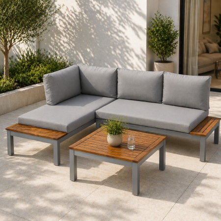 Mobilier gradina si terasa - Set mobilier gradina Bohito modular cu perne, 2 canapele si masa, cadru aluminiu si lemn eucalipt, 138x76 cm, gri