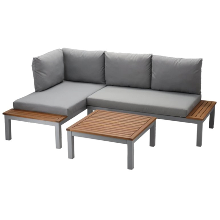 Set mobilier gradina Bohito modular cu perne, 2 canapele si masa, cadru aluminiu si lemn eucalipt, 138x76 cm, gri [1]