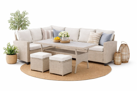 Set mobilier gradina Cesme 4 piese, canapea, masa si 2 tabureti, ratan PE, 179x65x73 cm, bej [7]
