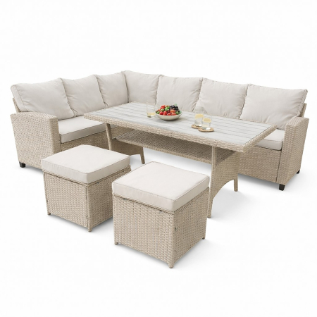 Set mobilier gradina Cesme 4 piese, canapea, masa si 2 tabureti, ratan PE, 179x65x73 cm, bej [3]