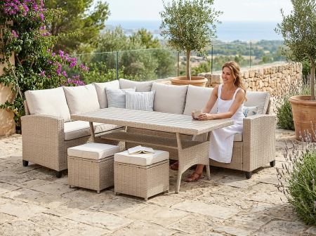Set mobilier gradina Cesme 4 piese, canapea, masa si 2 tabureti, ratan PE, 179x65x73 cm, bej [5]