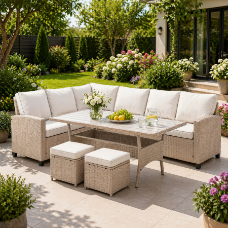 Mobilier gradina si terasa - Set mobilier gradina Cesme 4 piese, canapea, masa si 2 tabureti, ratan PE, 179x65x73 cm, bej