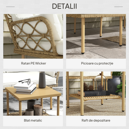  Set mobilier gradina coltar 4 persoane, 3 piese cu masuta si perne confortabile incluse, ratan impletit, crem [5]