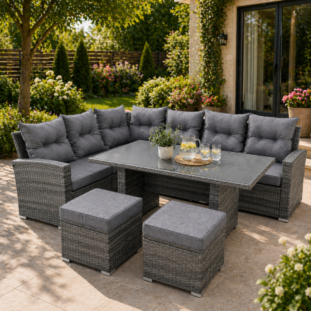 Mobilier gradina si terasa - Set mobilier gradina coltar 4 piese, canapea, masa si 2 tabureti, ratan PE, 182x68x68 cm, gri