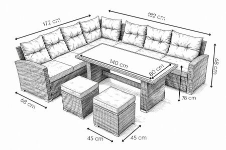 Set mobilier gradina coltar 4 piese, canapea, masa si 2 tabureti, ratan PE, 182x68x68 cm, gri [10]