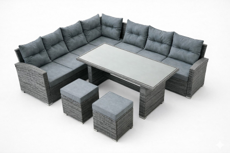 Set mobilier gradina coltar 4 piese, canapea, masa si 2 tabureti, ratan PE, 182x68x68 cm, gri [8]
