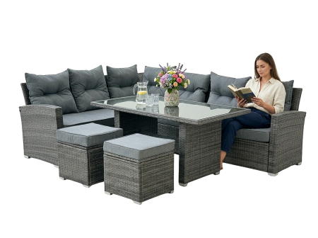 Set mobilier gradina coltar 4 piese, canapea, masa si 2 tabureti, ratan PE, 182x68x68 cm, gri [3]