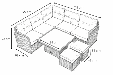 Set mobilier gradina coltar 5 piese, canapea colt, 2 tabureti si masa reglabila pe inaltime, ratan PE, 179x69x73 cm, maro si crem [6]