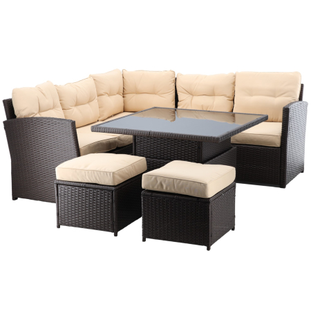 Set mobilier gradina coltar 5 piese, canapea colt, 2 tabureti si masa reglabila pe inaltime, ratan PE, 179x69x73 cm, maro si crem [2]