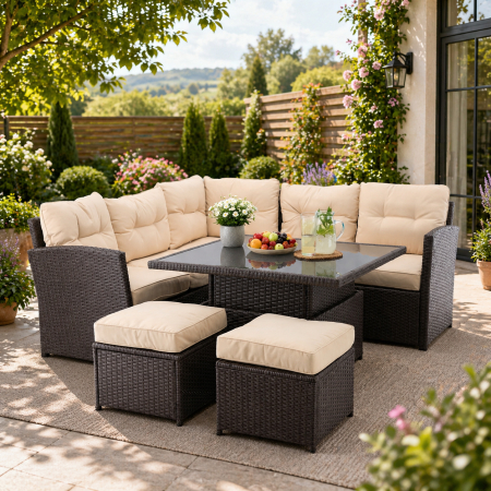 Mobilier gradina si terasa - Set mobilier gradina coltar 5 piese, canapea colt, 2 tabureti si masa reglabila pe inaltime, ratan PE, 179x69x73 cm, maro si crem