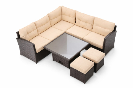 Set mobilier gradina coltar 5 piese, canapea colt, 2 tabureti si masa reglabila pe inaltime, ratan PE, 179x69x73 cm, maro si crem [5]