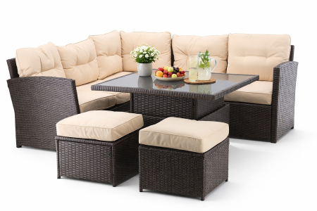 Set mobilier gradina coltar 5 piese, canapea colt, 2 tabureti si masa reglabila pe inaltime, ratan PE, 179x69x73 cm, maro si crem [1]