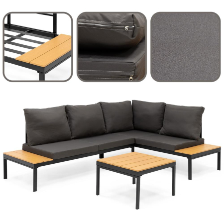 Set mobilier gradina coltar cu masa, separabil in 2 canapele tip sezlong, perne impermeabile, cadru metalic, gri si maro [23]