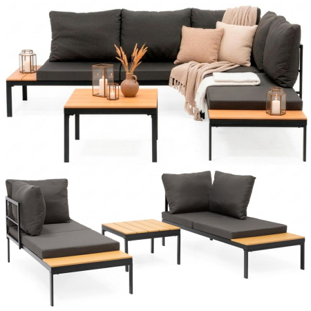Set mobilier gradina coltar cu masa, separabil in 2 canapele tip sezlong, perne impermeabile, cadru metalic, gri si maro [4]