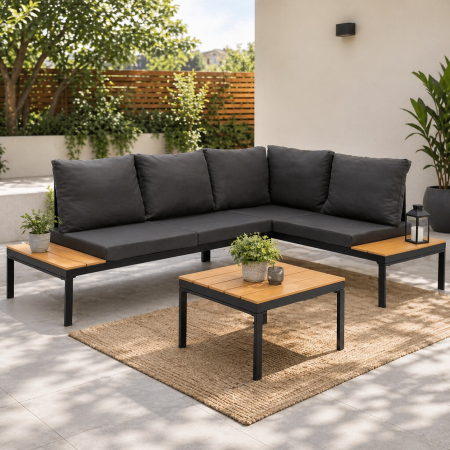 Mobilier gradina si terasa - Set mobilier gradina coltar cu masa, separabil in 2 canapele tip sezlong, perne impermeabile, cadru metalic, gri si maro