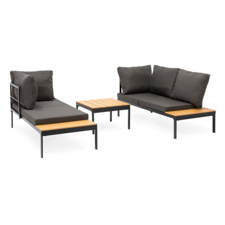 Set mobilier gradina coltar cu masa, separabil in 2 canapele tip sezlong, perne impermeabile, cadru metalic, gri si maro [14]