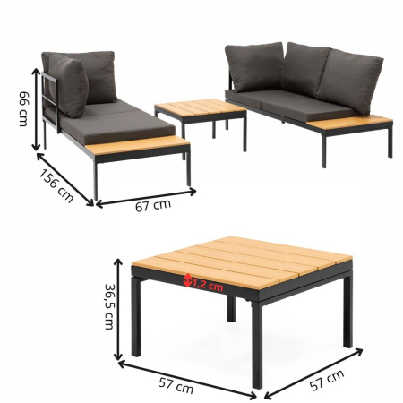 Set mobilier gradina coltar cu masa, separabil in 2 canapele tip sezlong, perne impermeabile, cadru metalic, gri si maro [25]
