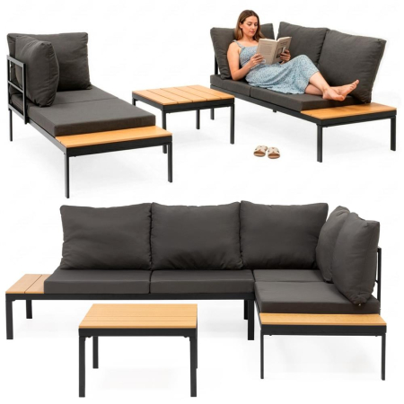 Set mobilier gradina coltar cu masa, separabil in 2 canapele tip sezlong, perne impermeabile, cadru metalic, gri si maro [6]