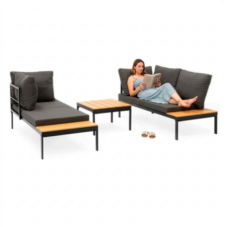 Set mobilier gradina coltar cu masa, separabil in 2 canapele tip sezlong, perne impermeabile, cadru metalic, gri si maro [22]