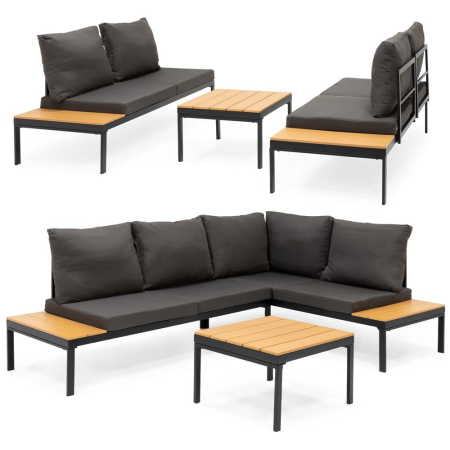 Set mobilier gradina coltar cu masa, separabil in 2 canapele tip sezlong, perne impermeabile, cadru metalic, gri si maro [3]