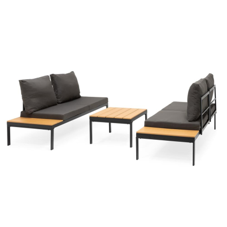 Set mobilier gradina coltar cu masa, separabil in 2 canapele tip sezlong, perne impermeabile, cadru metalic, gri si maro [18]