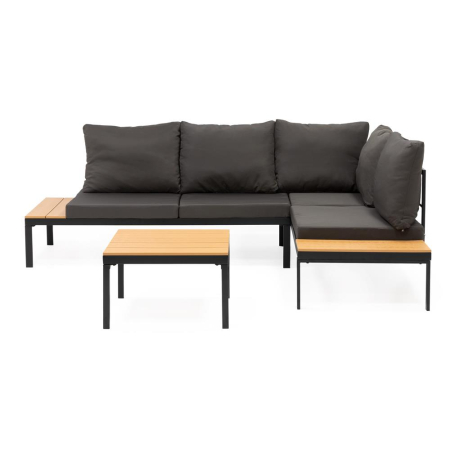 Set mobilier gradina coltar cu masa, separabil in 2 canapele tip sezlong, perne impermeabile, cadru metalic, gri si maro [11]