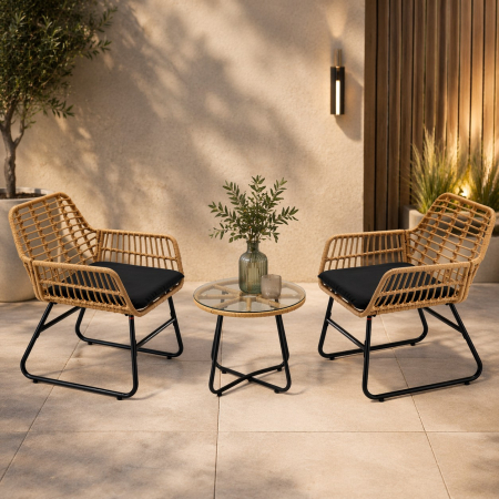 Gradina & balcon - Set mobilier gradina din ratan, 2 scaune cu perne, 1 masa rotunda, maro