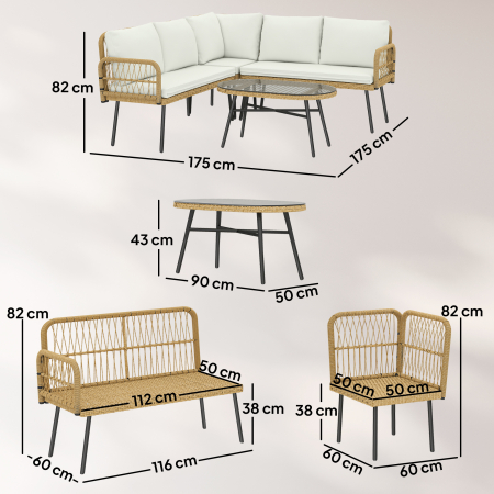  Set Mobilier Gradina din Ratan, 4 Piese in Forma de L, cu 2 Canapele, Coltar, Masuta de Cafea si Perne, Cadru din Otel, pentru Balcon sau Terasa, Natural/Crem [2]