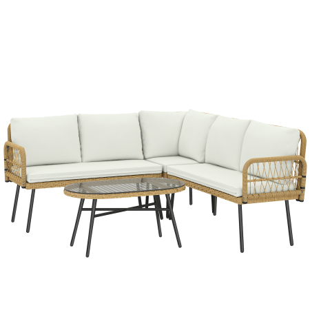 Gradina & balcon -  Set Mobilier Gradina din Ratan, 4 Piese in Forma de L, cu 2 Canapele, Coltar, Masuta de Cafea si Perne, Cadru din Otel, pentru Balcon sau Terasa, Natural/Crem