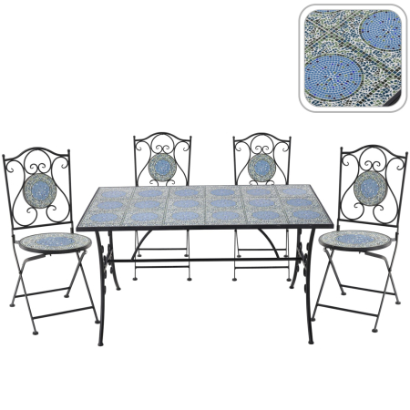 Set mobilier gradina, masa si 4 scaune, blat mozaic ceramic, cadru metalic, negru si albastru [1]