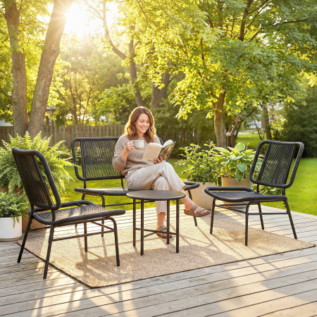  Set Mobilier Gradina Ratan 4 Piese, Canapea pentru Exterior cu Masuta Metalica, Negru [1]