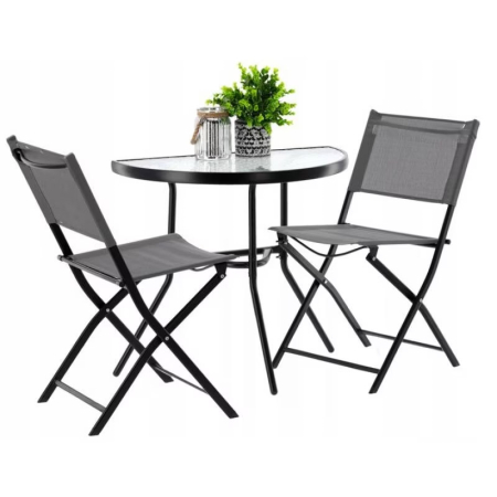 Gradina & balcon - Set mobilier gradina masa semirotunda sticla calita mozaic cu 2 scaune pliabile textilen, gri