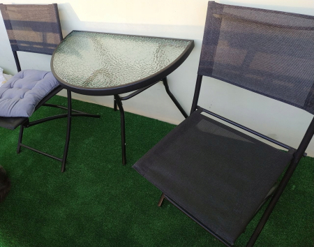 Set mobilier gradina masa semirotunda sticla calita mozaic cu 2 scaune pliabile textilen, gri [5]