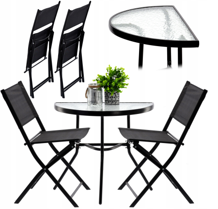 Set mobilier gradina sau balcon, masa semirotund sticla cu 2 scaune pliabile, negru [7]