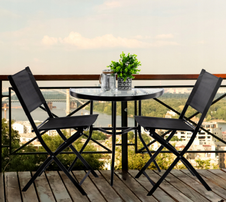 Set mobilier gradina sau balcon, masa semirotund sticla cu 2 scaune pliabile, negru [2]