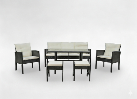 Set mobilier gradina Vaduz 6 piese, canapea 3 locuri, 2 fotolii, 2 tabureti si masa, ratan sintetic, blat sticla, negru si crem [4]
