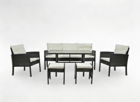 Set mobilier gradina Vaduz 6 piese, canapea 3 locuri, 2 fotolii, 2 tabureti si masa, ratan sintetic, blat sticla, negru si crem [5]