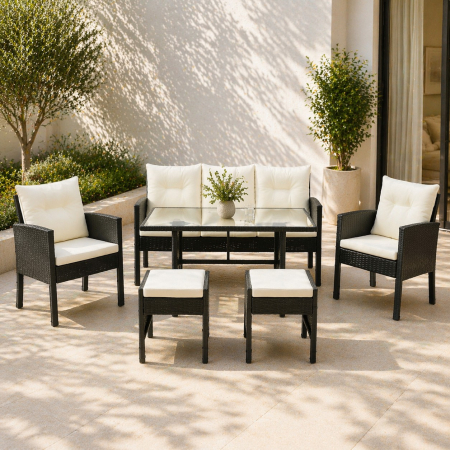 Mobilier gradina si terasa - Set mobilier gradina Vaduz 6 piese, canapea 3 locuri, 2 fotolii, 2 tabureti si masa, ratan sintetic, blat sticla, negru si crem