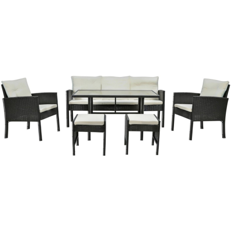 Set mobilier gradina Vaduz 6 piese, canapea 3 locuri, 2 fotolii, 2 tabureti si masa, ratan sintetic, blat sticla, negru si crem [1]