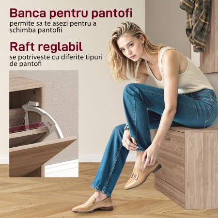  Set Mobilier Hol cu Banca Pantofar, Cuier si Oglinda din Lemn [4]