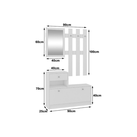 Set mobilier hol cu pantofar, oglinda, sertar si cuier metalic, PAL laminat, 90x25x170 cm, alb [5]