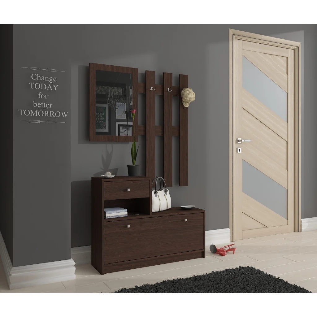 Set mobilier hol cu pantofar, oglinda, sertar si cuier metalic, PAL laminat, 90x25x170 cm, maro [3]