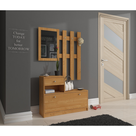 Set mobilier hol cu pantofar, oglinda, sertar si cuier metalic, PAL laminat, 90x25x170 cm, maro arin [3]