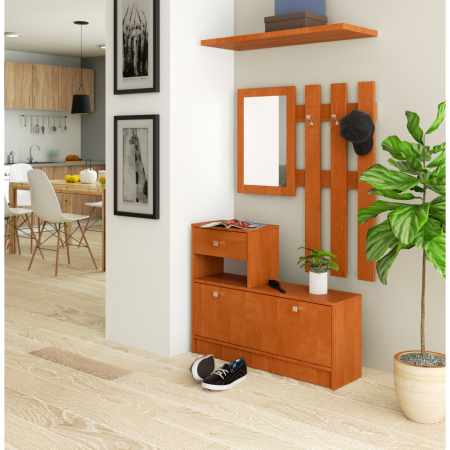 Set mobilier hol cu pantofar, oglinda, sertar si cuier metalic, PAL laminat, 90x25x170 cm, maro arin [4]