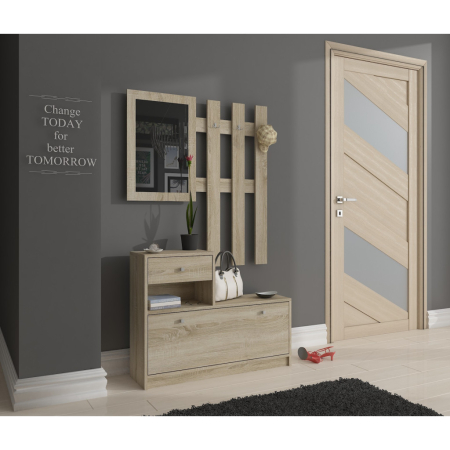 Set mobilier hol cu pantofar, oglinda, sertar si cuier metalic, PAL laminat, 90x25x170 cm, stejar sonoma [3]