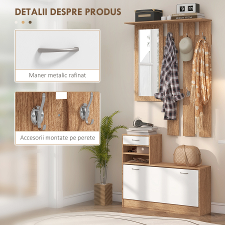  Set Mobilier Modern cu Etajera pentru Pantofi, Oglinda cu 6 Carlige, 2 Rafturi si Sertare, 90x24x177 cm, Lemn Natural [4]